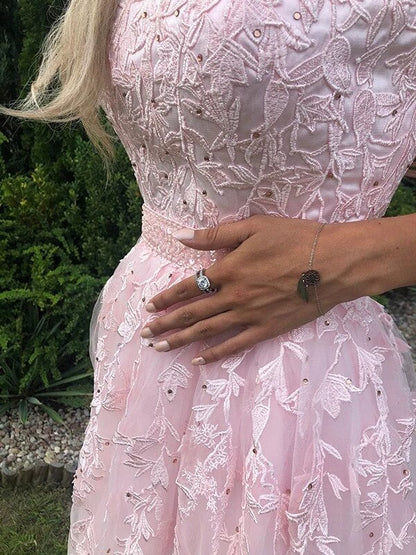 Pink Tulle A-line Strapless Prom Dress With Lace Appliques