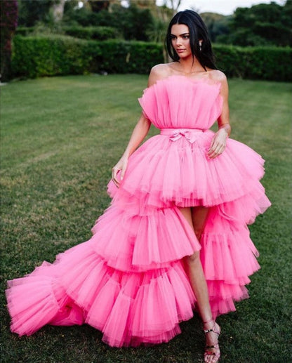 PM202,Pink Tulle Strapless High Low Long Prom Evening Dresses