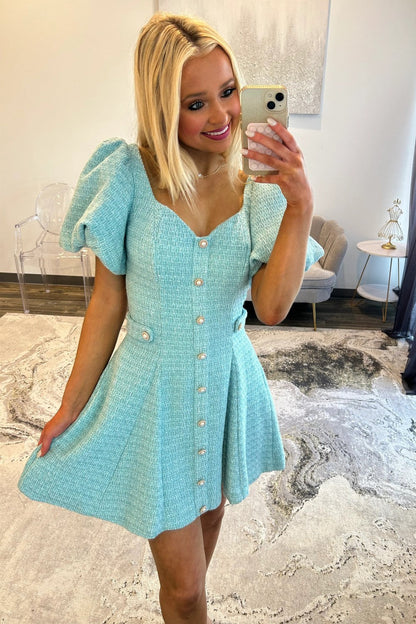 Pink Tweed Puff Sleeve Homecoming Dress with Pearl Buttons and Fit Flare Silhouette