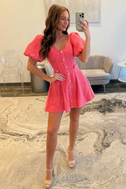 Pink Tweed Puff Sleeve Homecoming Dress with Pearl Buttons and Fit Flare Silhouette