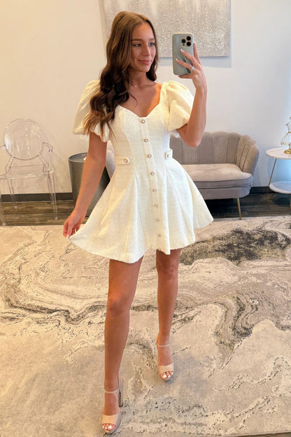 Pink Tweed Puff Sleeve Homecoming Dress with Pearl Buttons and Fit Flare Silhouette