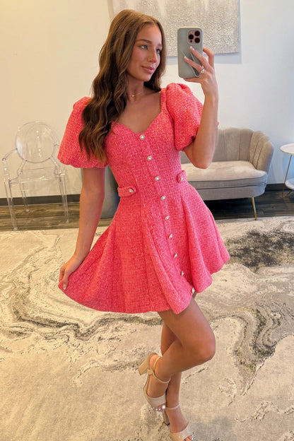 Pink Tweed Puff Sleeve Homecoming Dress with Pearl Buttons and Fit Flare Silhouette