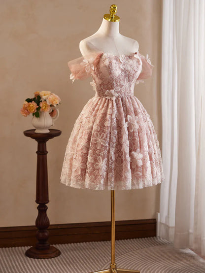 Vintage Pink 3D Flower Design A-line Off-the-shoulder Homecoming Dress TP3409