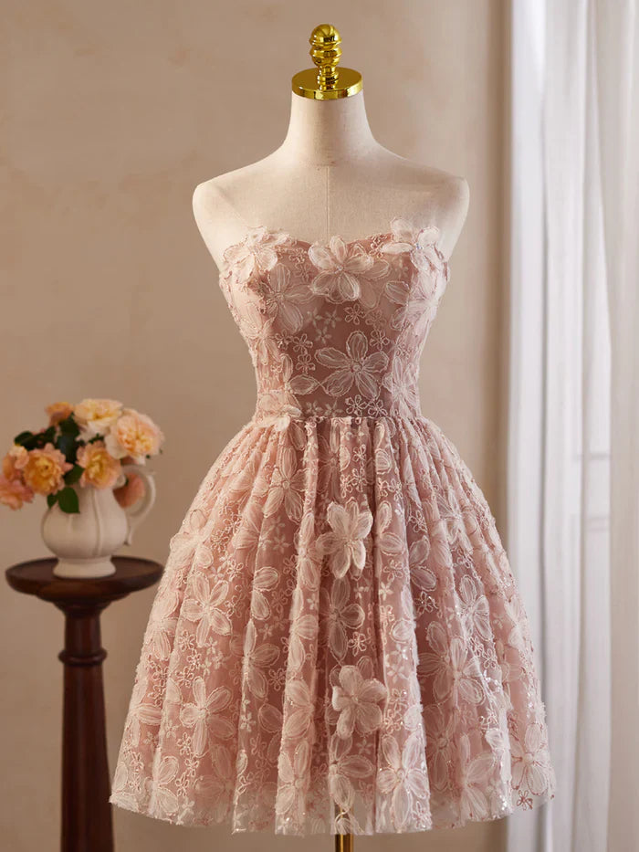 Vintage Pink 3D Flower Design A-line Off-the-shoulder Homecoming Dress TP3409