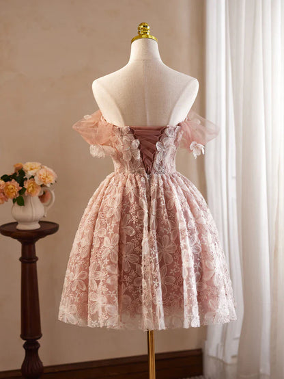 Vintage Pink 3D Flower Design A-line Off-the-shoulder Homecoming Dress TP3409