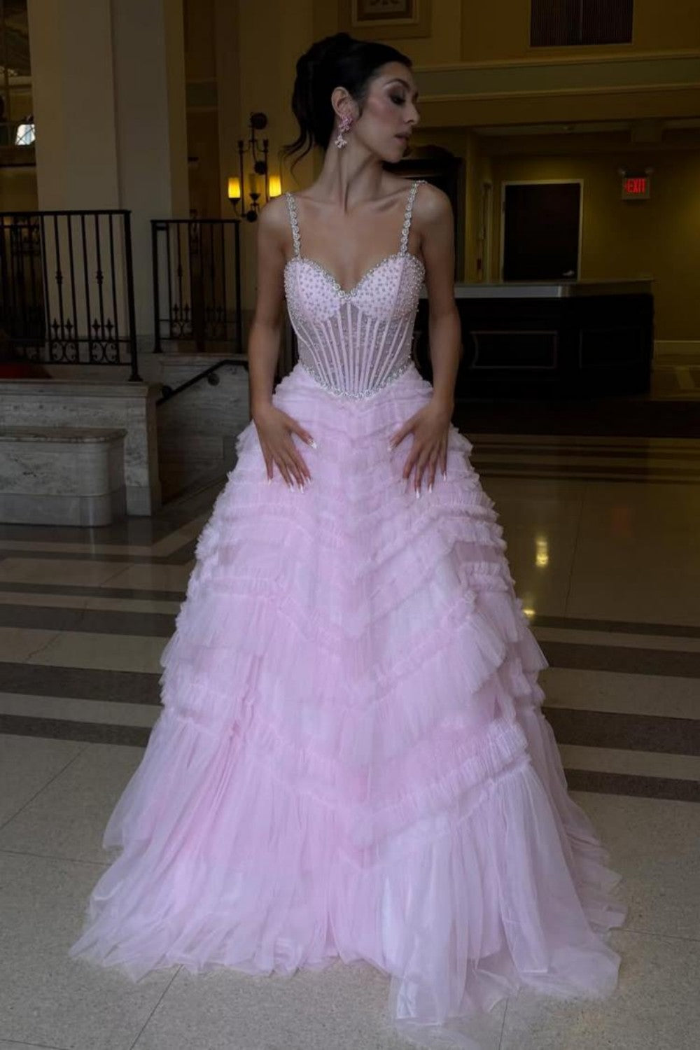 Pink Corset Spaghetti Straps Prom Ball Gown with Beaded Bodice & Tiered Skirt