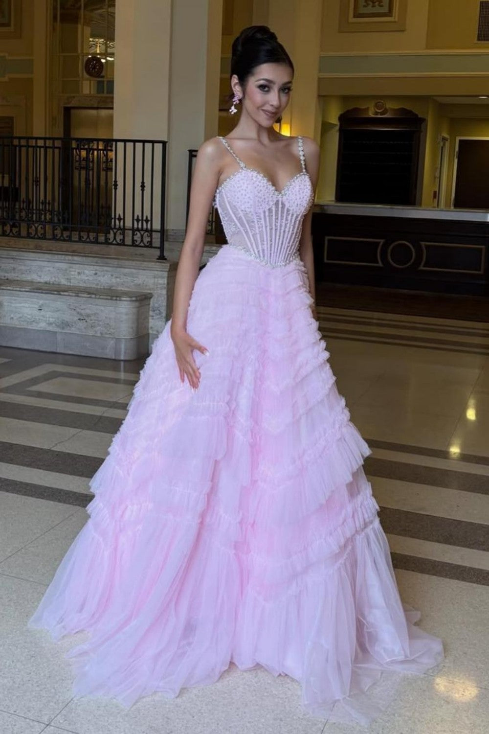 Pink Corset Spaghetti Straps Prom Ball Gown with Beaded Bodice & Tiered Skirt