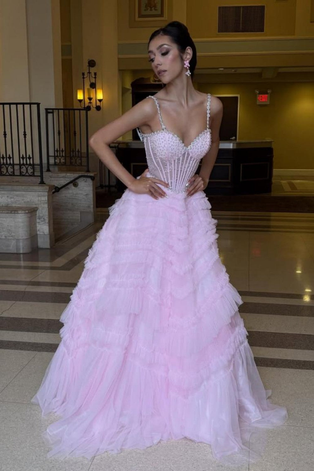 Pink Corset Spaghetti Straps Prom Ball Gown with Beaded Bodice & Tiered Skirt