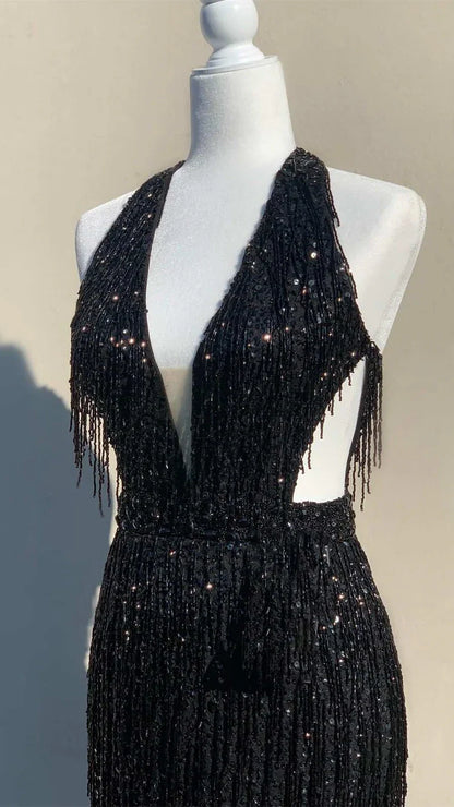 Pink V-Neck Tassel Sequined Prom Dresses V-Neck Mermaid Evening Dress With Slit,AST2205