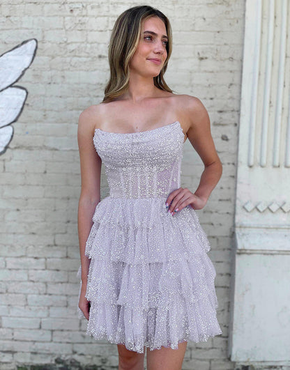 Chic Layered Glitter Black Mini with Strapless Silhouette Homecoming Party Dress