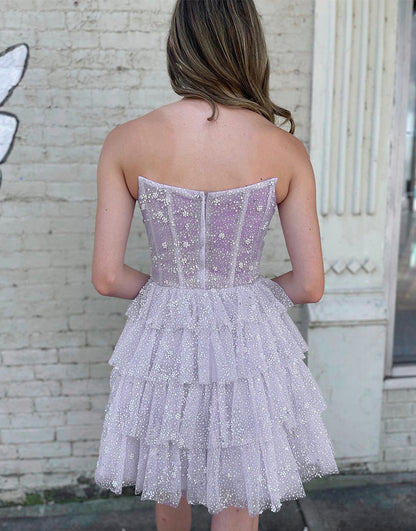 Chic Layered Glitter Black Mini with Strapless Silhouette Homecoming Party Dress
