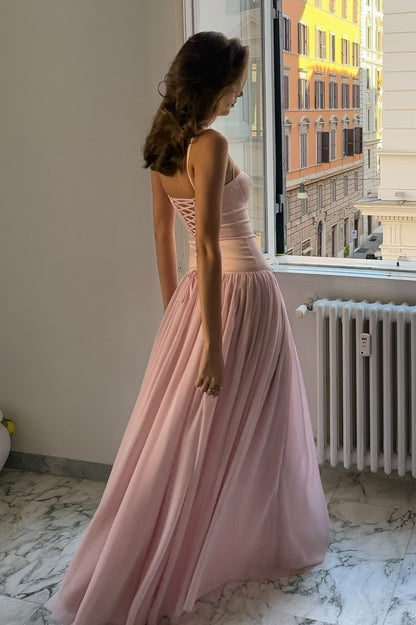 Pretty A Line Spaghetti Straps Pink Corset Prom Dress with Ruffles