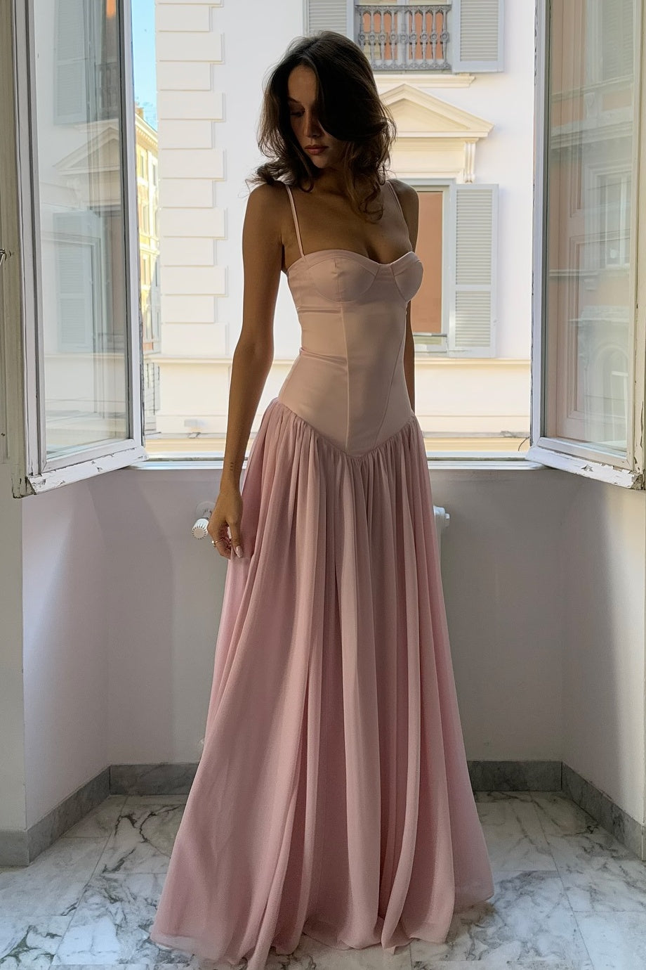 Pretty A Line Spaghetti Straps Pink Corset Prom Dress with Ruffles