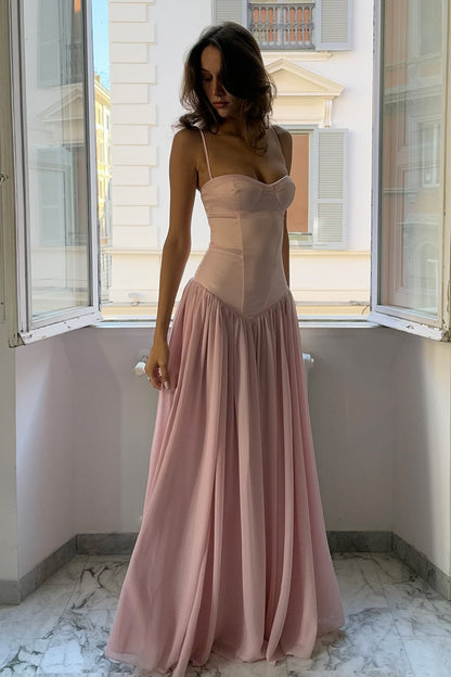 Pretty A Line Spaghetti Straps Pink Corset Prom Dress with Ruffles