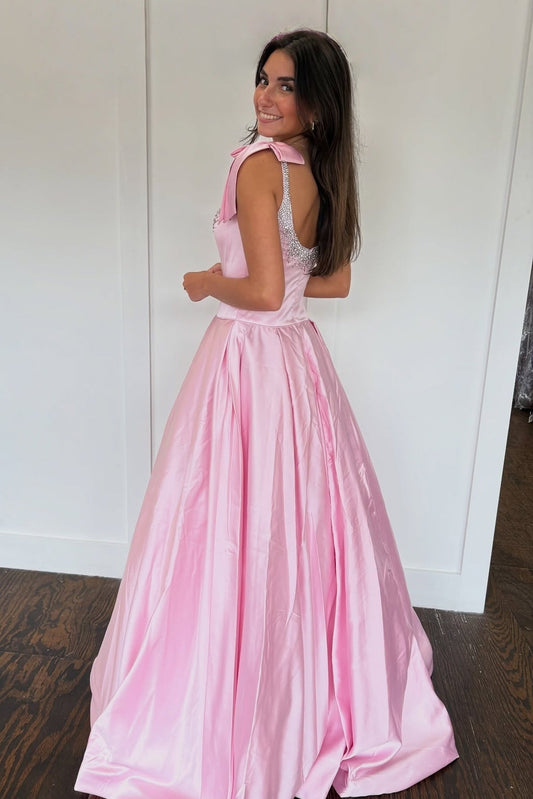 Pretty A Line Spaghetti Straps Pink Long Prom Dress with Beading Bowknot