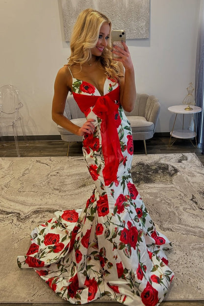 Pretty Mermaid Spaghetti Straps Pink Printed Long Prom Dress with Bowknot