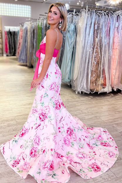 Pretty Mermaid Spaghetti Straps Pink Printed Long Prom Dress with Bowknot