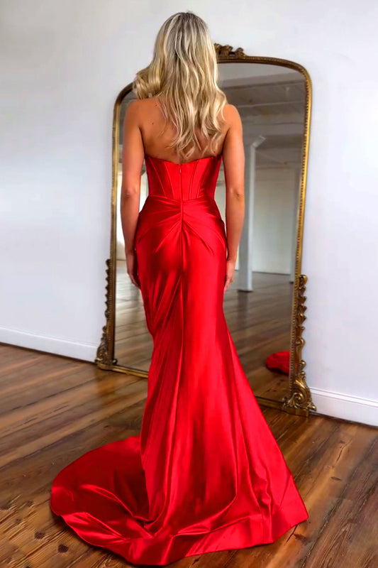 Stunning Mermaid Sweetheart Red Long Prom Dress with Bowknot Slit
