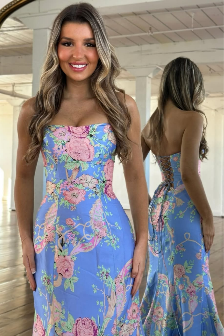Vintage Inspired Floral Prom Dress with Strapless Bodice and Flowy Skirt
