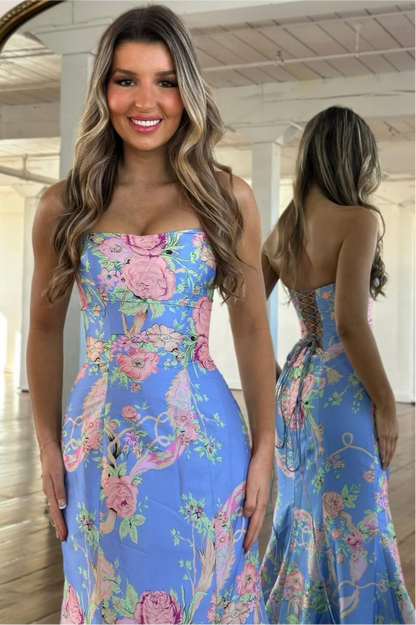 Vintage Inspired Floral Prom Dress with Strapless Bodice and Flowy Skirt