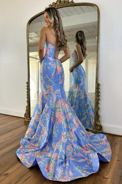 Vintage Inspired Floral Prom Dress with Strapless Bodice and Flowy Skirt