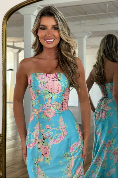 Vintage Inspired Floral Prom Dress with Strapless Bodice and Flowy Skirt
