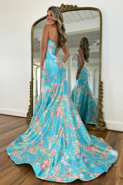 Vintage Inspired Floral Prom Dress with Strapless Bodice and Flowy Skirt