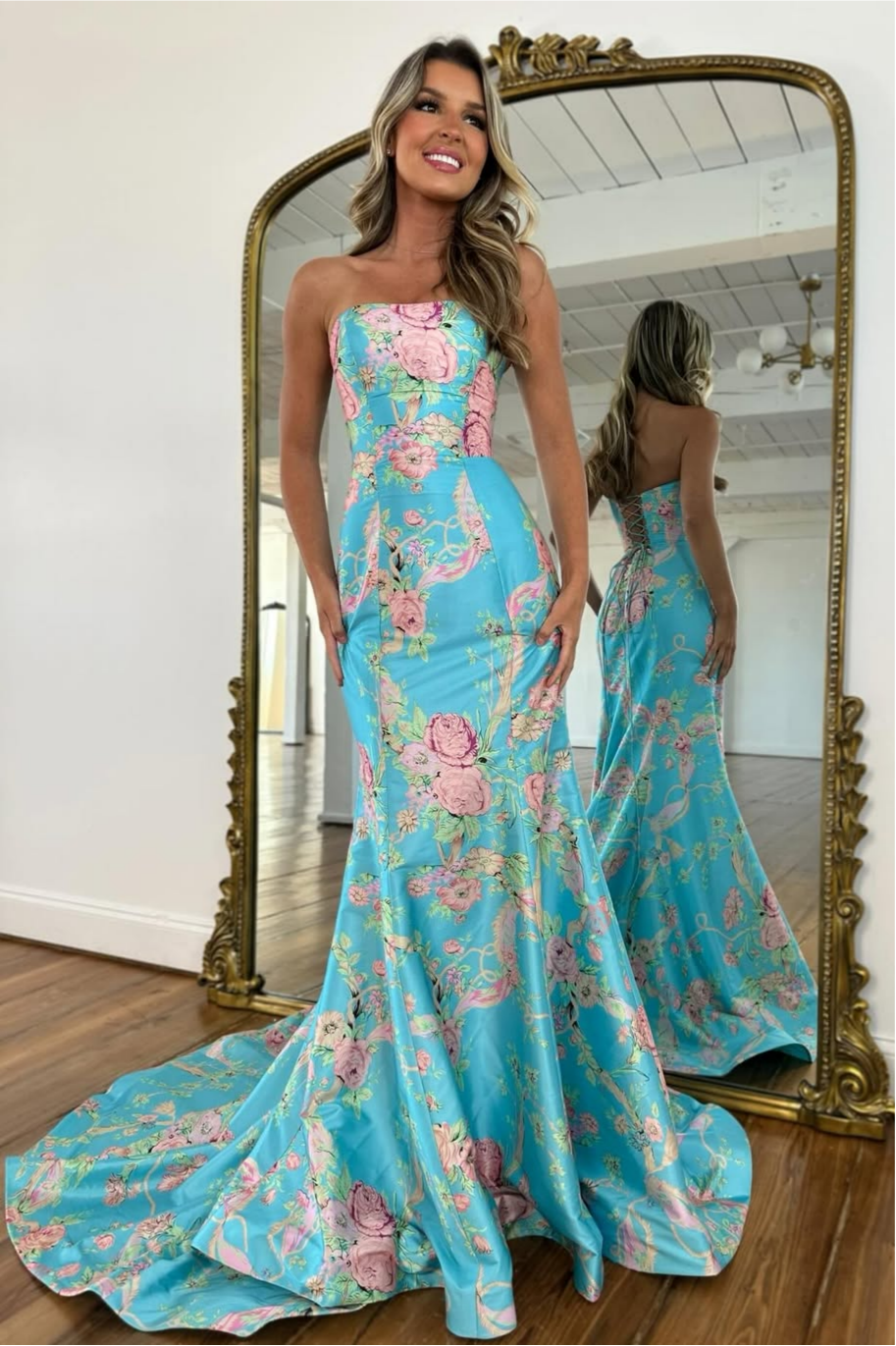 Vintage Inspired Floral Prom Dress with Strapless Bodice and Flowy Skirt