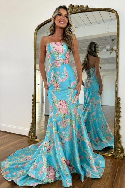 Vintage Inspired Floral Prom Dress with Strapless Bodice and Flowy Skirt