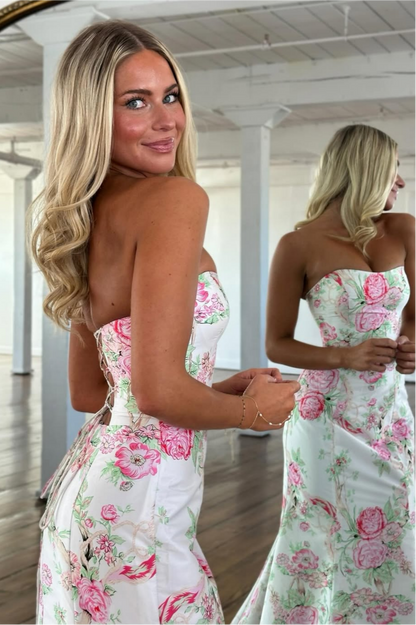 Vintage Inspired Floral Prom Dress with Strapless Bodice and Flowy Skirt