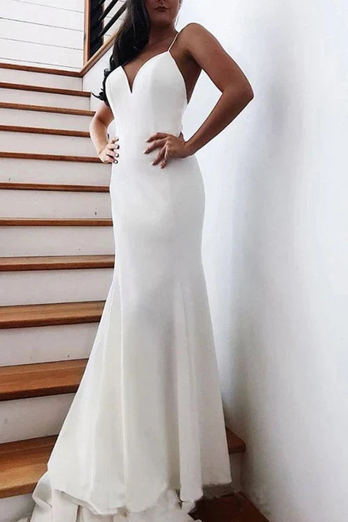 omberprom Elegant Mermaid Spaghetti Straps Backless V Neck Mermaid Wedding Dresses