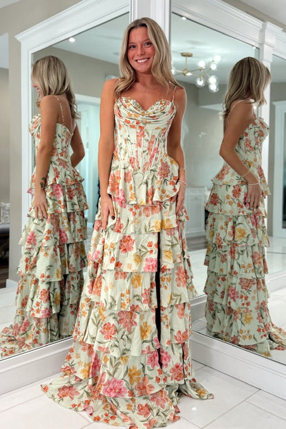 Princess A Line Spaghetti Straps Light Green Corset Prom Dress with Ruffles