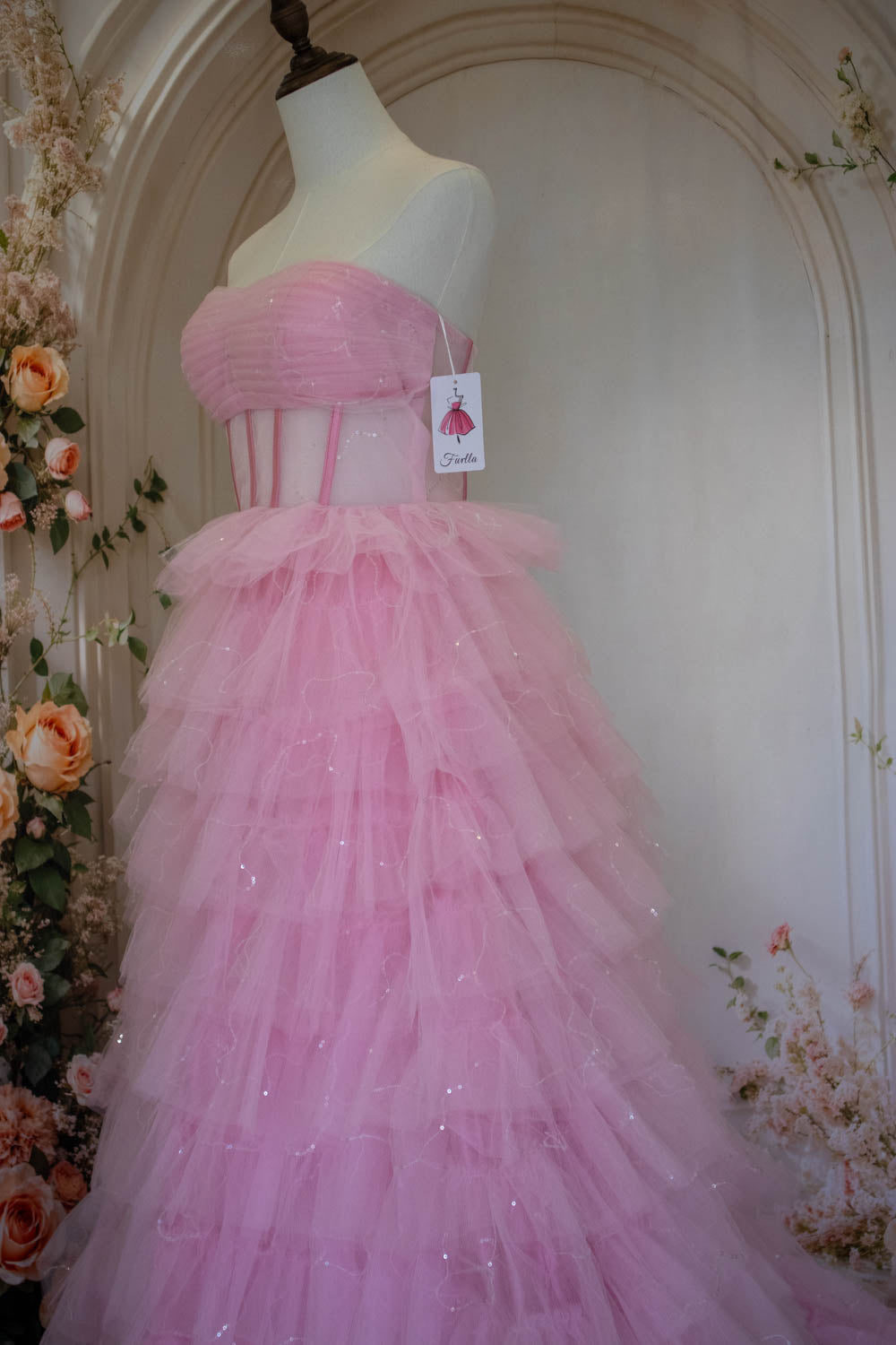 Princess A Line Strapless Pink Tulle Long Prom Dress with Ruffles