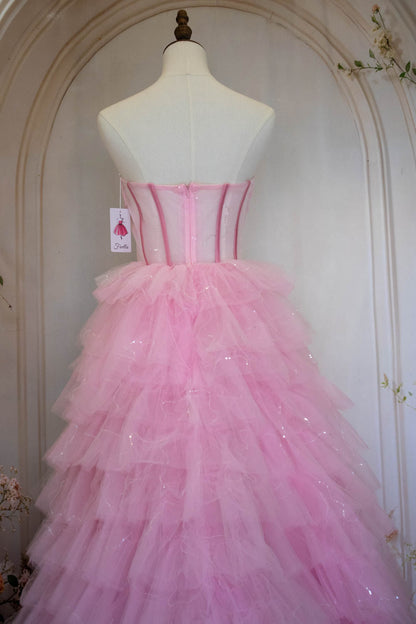 Princess A Line Strapless Pink Tulle Long Prom Dress with Ruffles