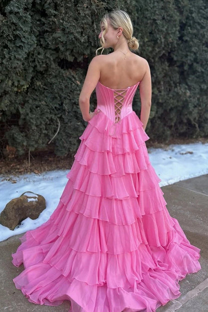 Princess A Line Sweetheart Red/Pink Corset Prom Dress with Ruffles