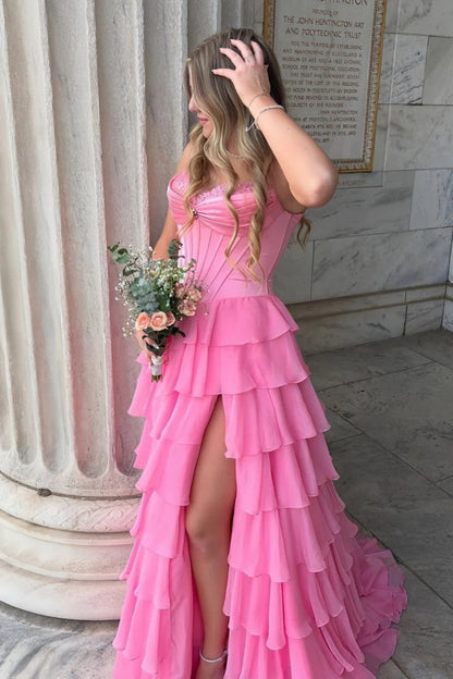 Princess A Line Sweetheart Red/Pink Corset Prom Dress with Ruffles