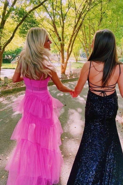 PM027,Princess Hot Pink A Line Tulle Long Prom Dress Layered Ruffles Evening Gown