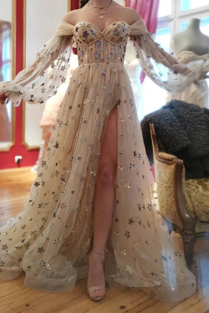 PM088,Princess Tulle Starry Prom Dress, Sparkly Off The Shoulder Stars Long Party Gown