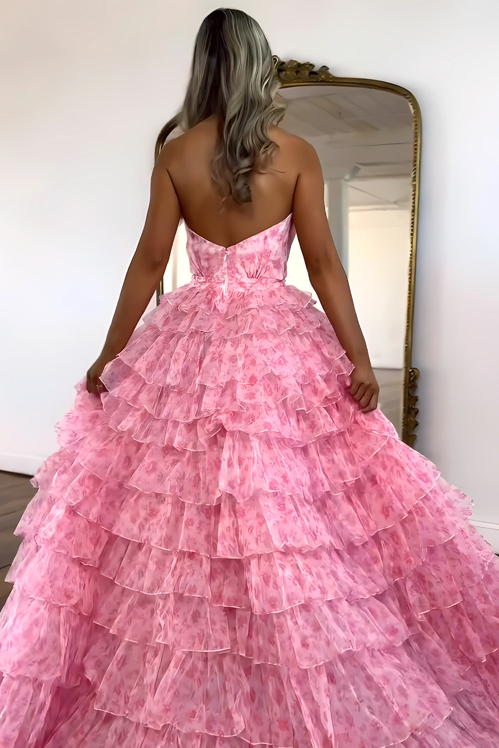 Princess A Line Halter Neck Pink Printed Tulle Long Prom Dress with Ruffles