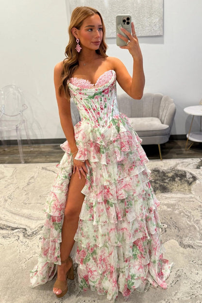 Princess A Line Sweetheart Pink Corset Prom Dress with Ruffles Appliques