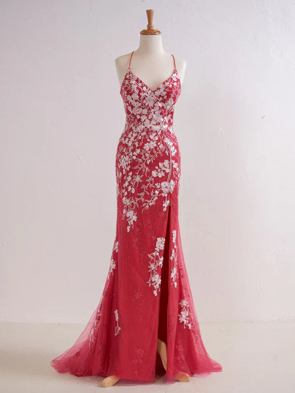 omberprom Mermaid V Neck Long Prom Dress with Appliques Beading Evening Dress