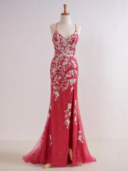 omberprom Mermaid V Neck Long Prom Dress with Appliques Beading Evening Dress