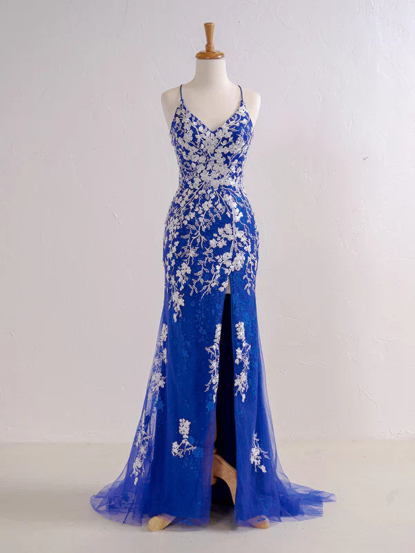 omberprom Mermaid V Neck Long Prom Dress with Appliques Beading Evening Dress