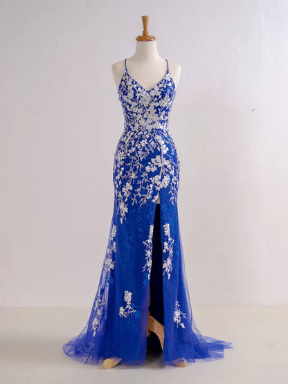 omberprom Mermaid V Neck Long Prom Dress with Appliques Beading Evening Dress