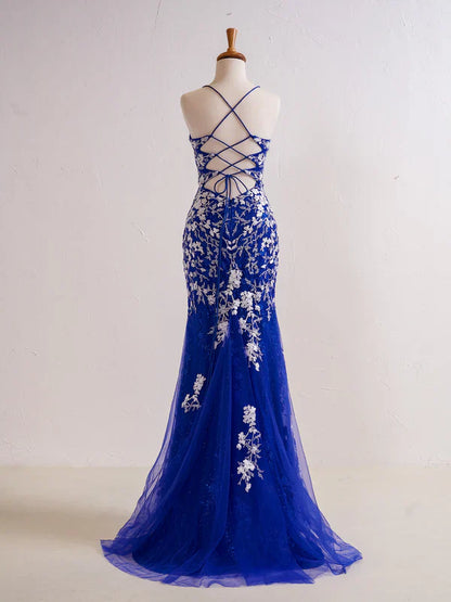 omberprom Mermaid V Neck Long Prom Dress with Appliques Beading Evening Dress