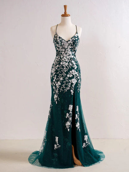 omberprom Mermaid V Neck Long Prom Dress with Appliques Beading Evening Dress