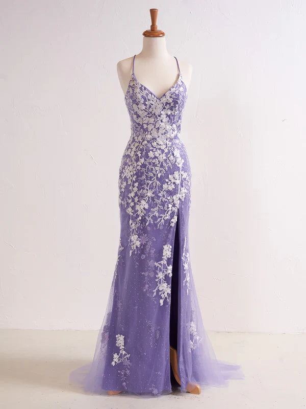 omberprom Mermaid V Neck Long Prom Dress with Appliques Beading Evening Dress