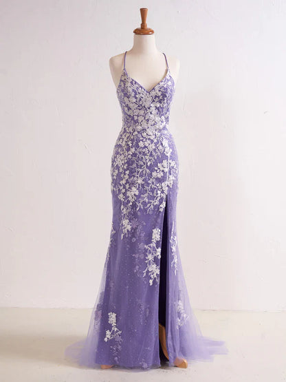 omberprom Mermaid V Neck Long Prom Dress with Appliques Beading Evening Dress
