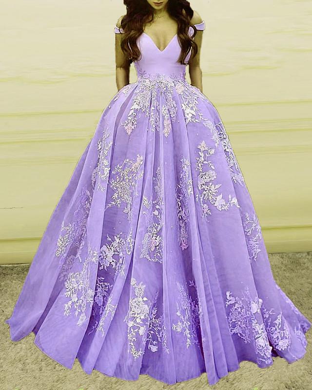 Elegant Tulle Ball Gowns Prom Dresses Lace Appliques Off Shoulder