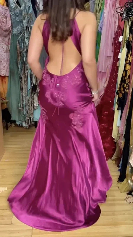 Purple V-neck Sheath Prom Dresses Appliques Backless Evening Party Dress,AST2237